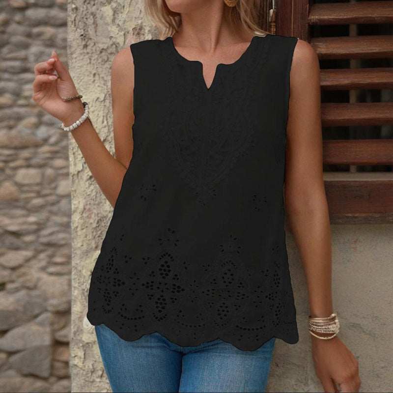 Embroidered Eyelet Tops Notched Blouses