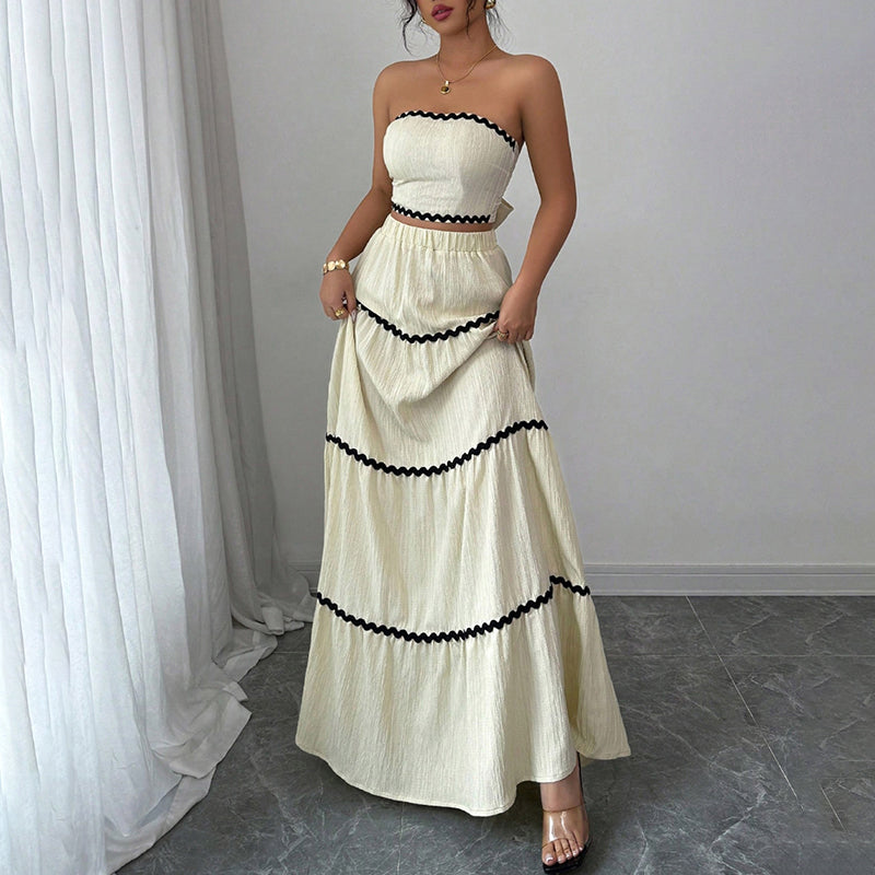 2-Piece Set Strapless Tube Top & Flared Ruffle Skirt