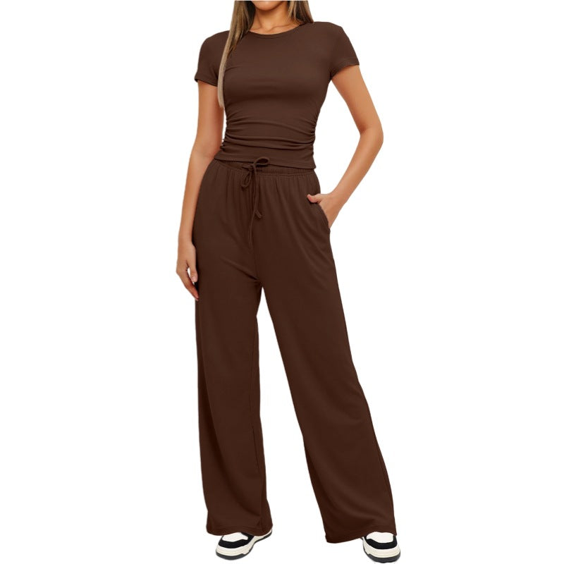 Premium High-Quality 2-Piece Yoga Set: Short Sleeve Top & Wide-Leg Pants