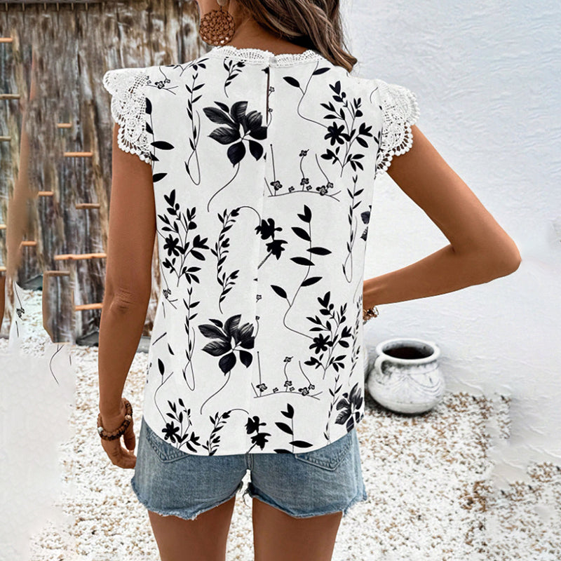 Geometric Leaf Print Tops Blouse