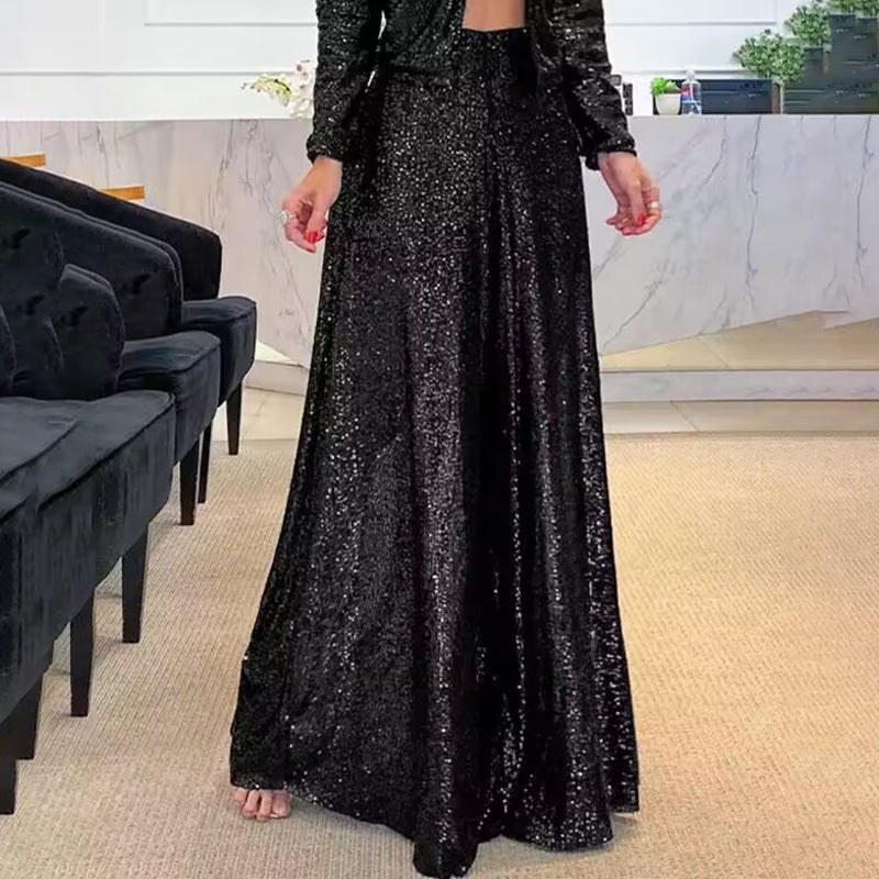 Sequin Palazzo Pants Glitter Casual Loose Wide Leg Long Trouser