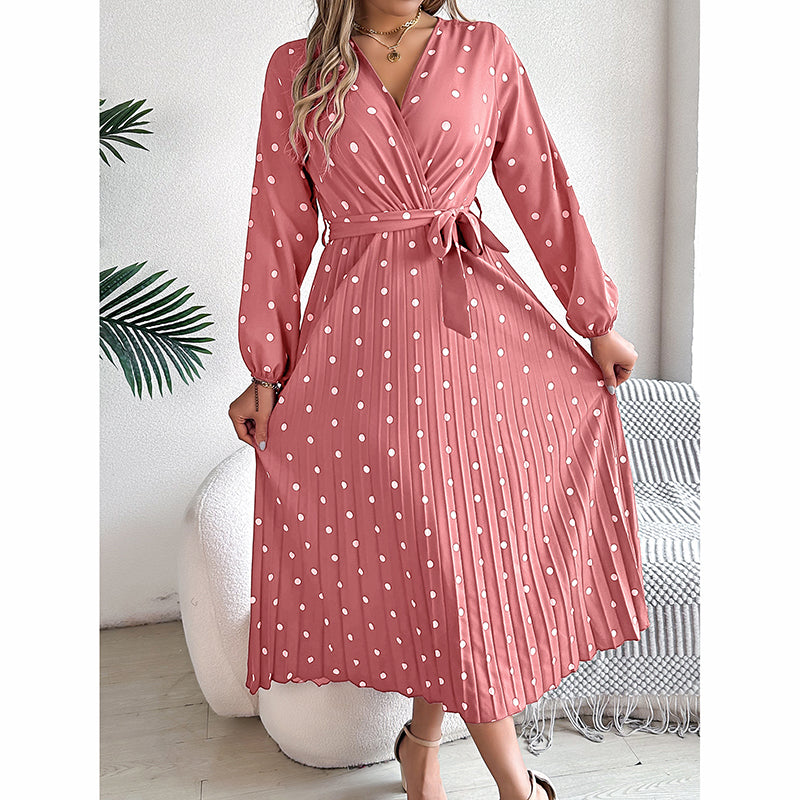 Polka Dot Maxi Dress - V-Neck Long Sleeve