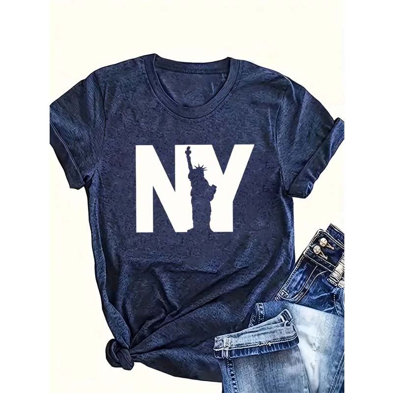 "NY & Statue Of Liberty" Print Casual T-shirt
