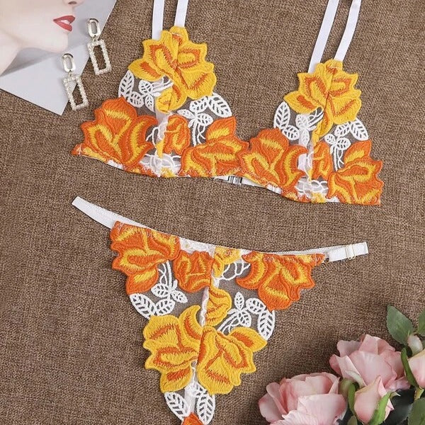 Sexy Contrast Color Lace Ultra Thin Bra Set Perspective Lace Strap Three Point Sexy Lingerie