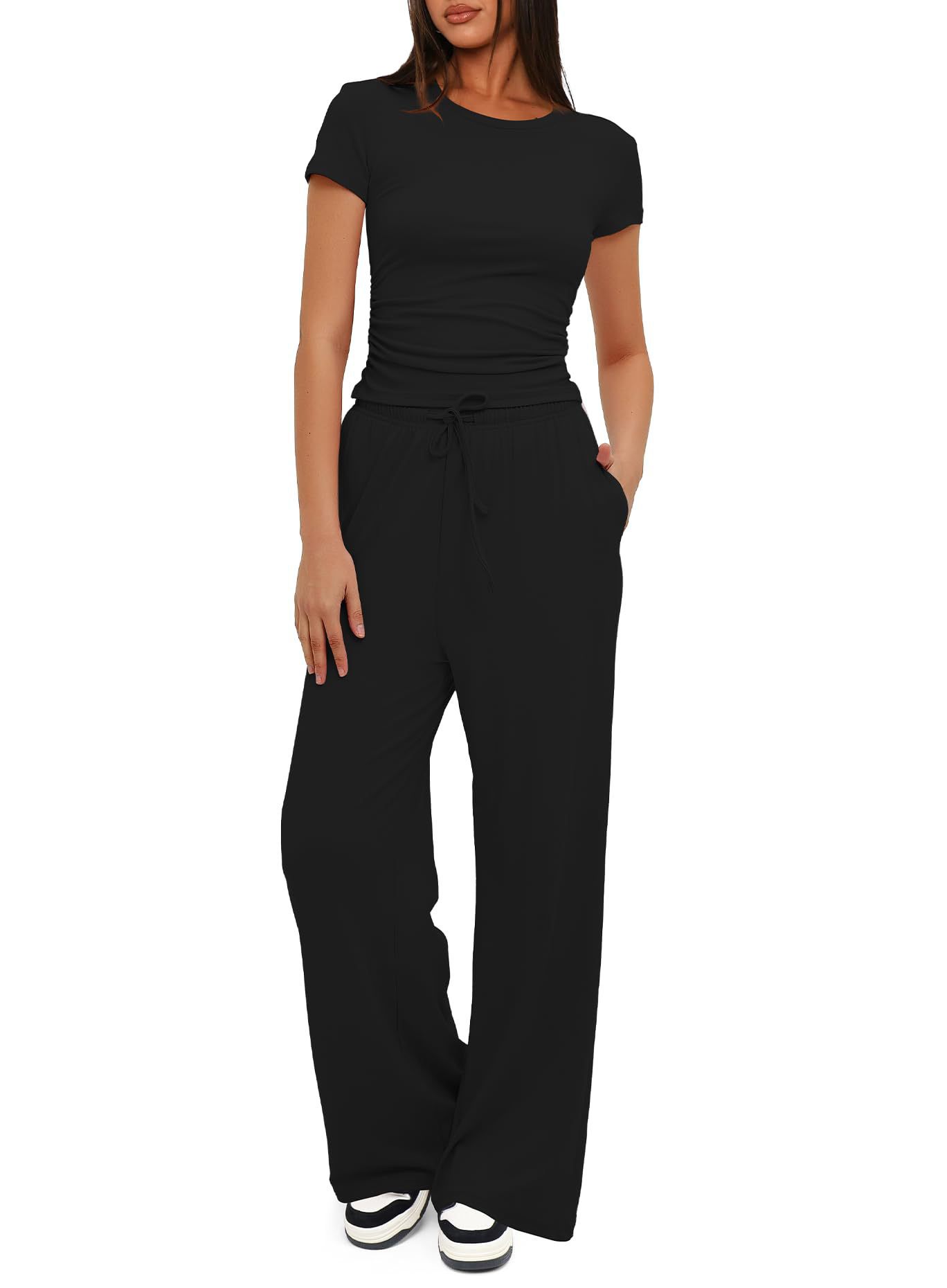 Premium High-Quality 2-Piece Yoga Set: Short Sleeve Top & Wide-Leg Pants