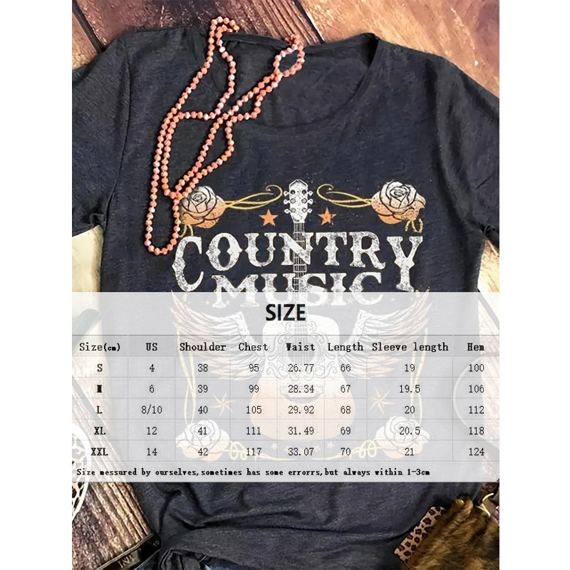 "Country Music & Winged Guitar" Letter Print Casual T-shirt