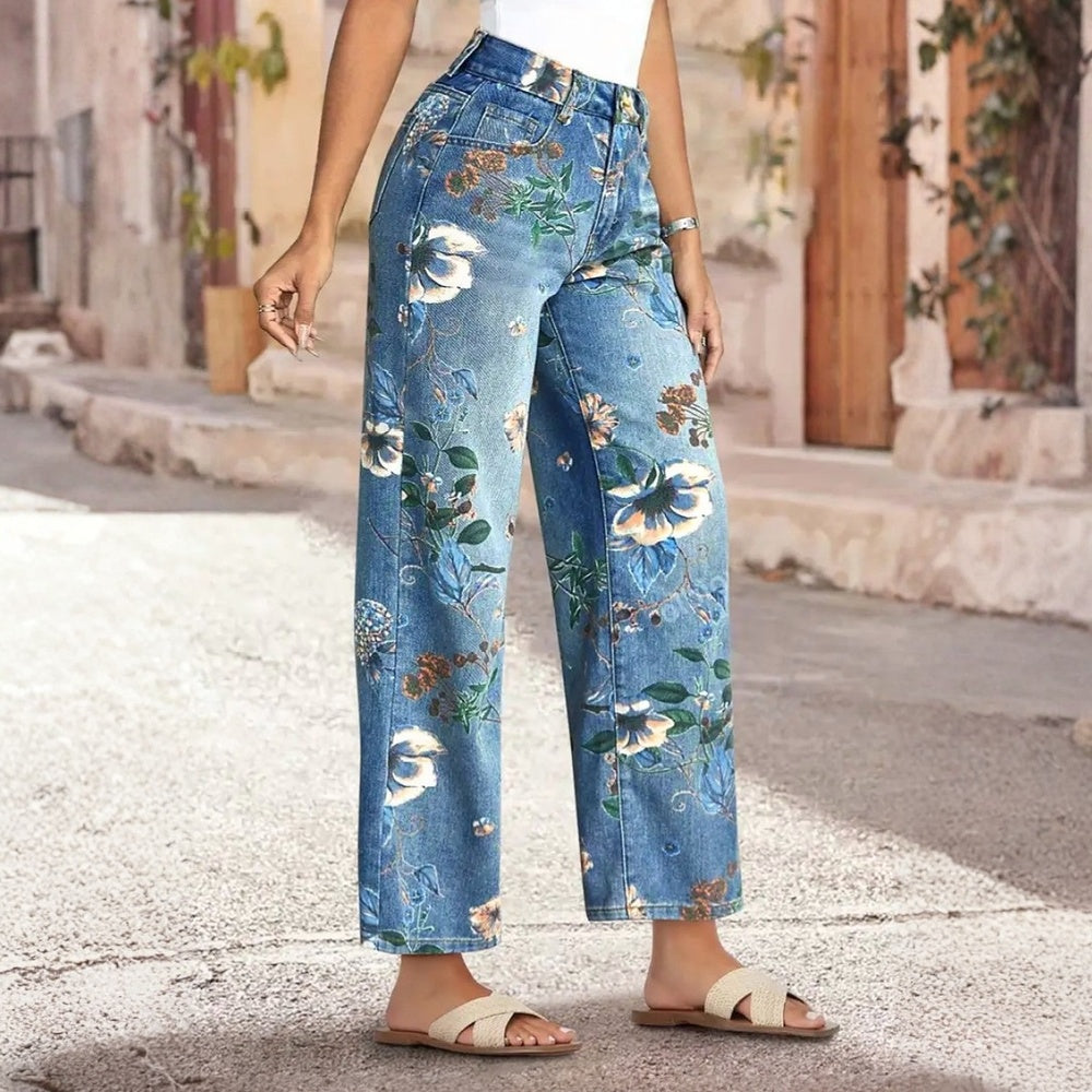 Scorpio™ Relaxed Baggy  Floral Print Wide Blue Denim
