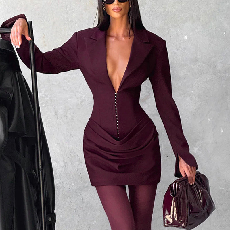Elegant Solid Color Deep V-Neck Long Sleeve Mini Party  Dress