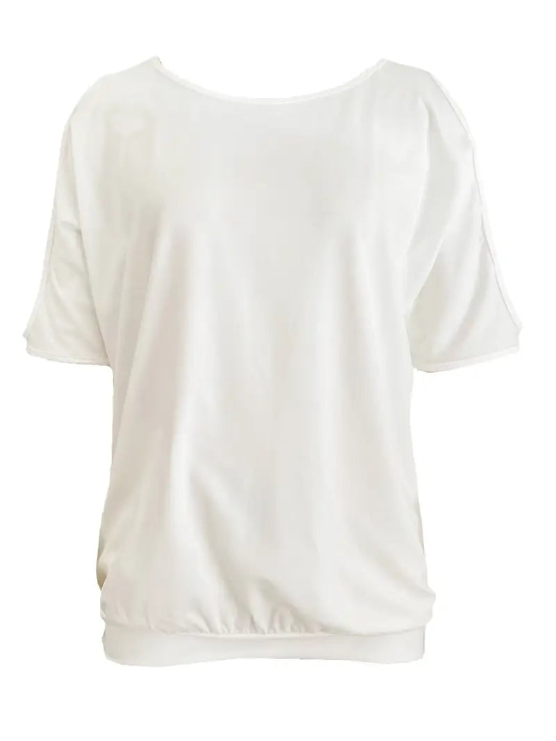 Spring And Summer New Casual Hollow Out Shoulder White Short Sleeve Top