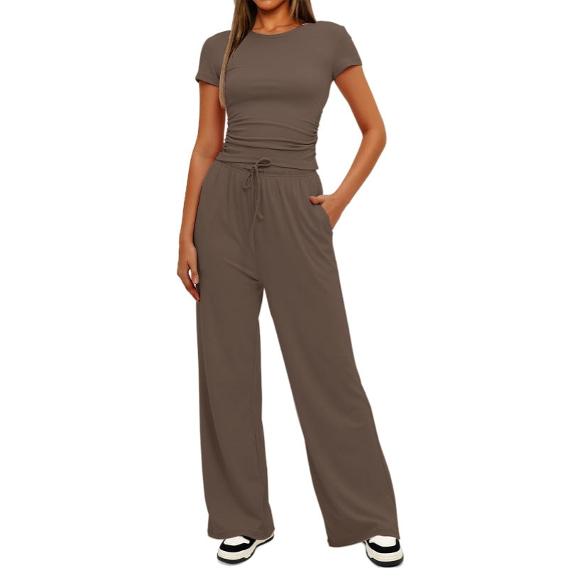 Premium High-Quality 2-Piece Yoga Set: Short Sleeve Top & Wide-Leg Pants