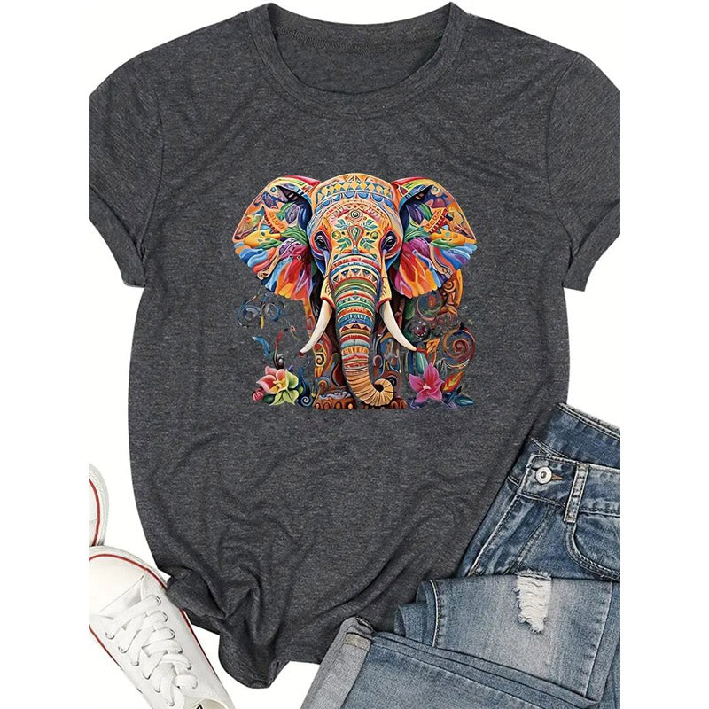 Colorful Elephant Print Casual T-Shirt