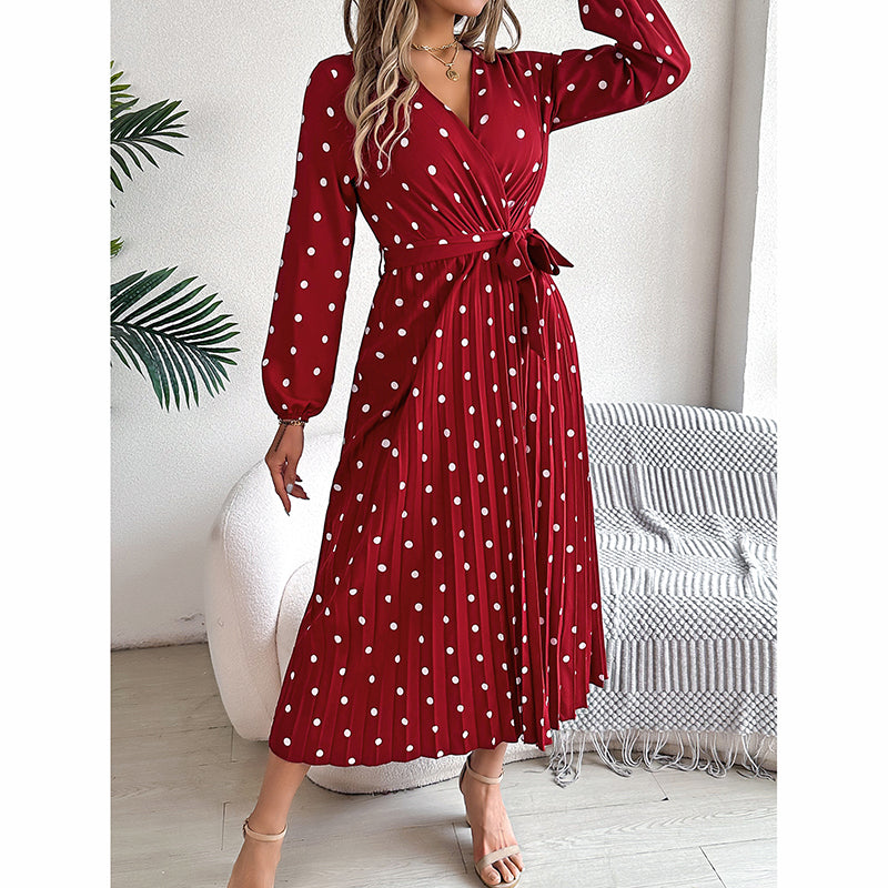 Polka Dot Maxi Dress - V-Neck Long Sleeve