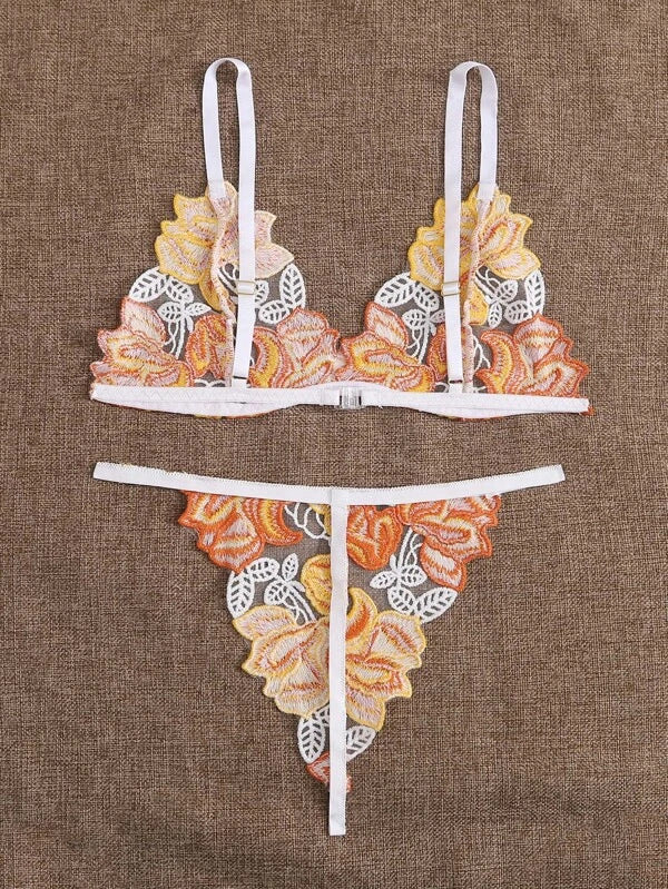 Sexy Contrast Color Lace Ultra Thin Bra Set Perspective Lace Strap Three Point Sexy Lingerie