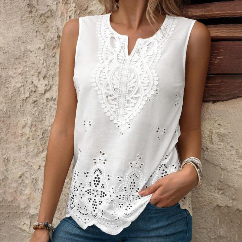 Embroidered Eyelet Tops Notched Blouses