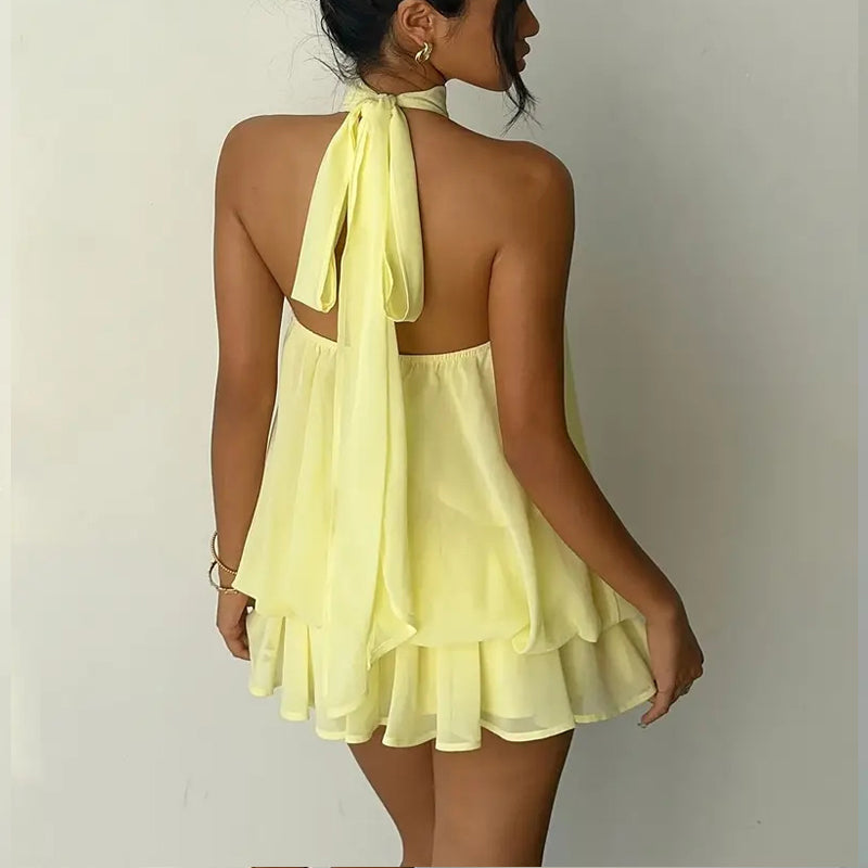 Elegant Halter Mini Dress With Bow Tie