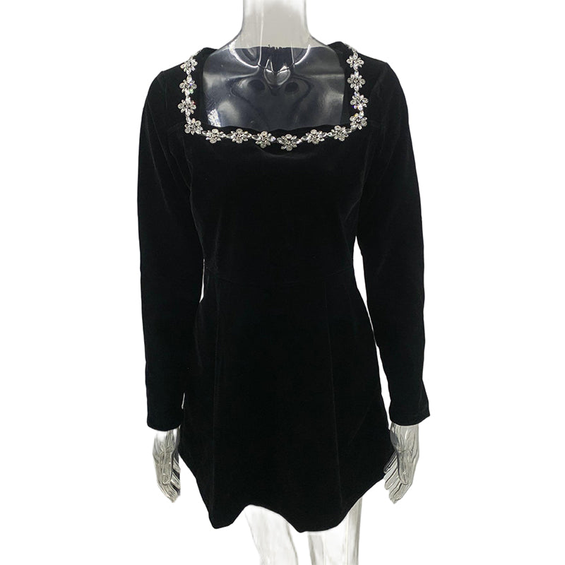 Rhinestone Square Neck Velvet Mini Dress