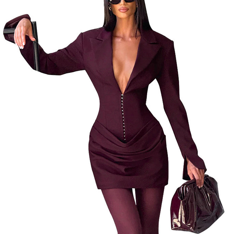 Elegant Solid Color Deep V-Neck Long Sleeve Mini Party  Dress