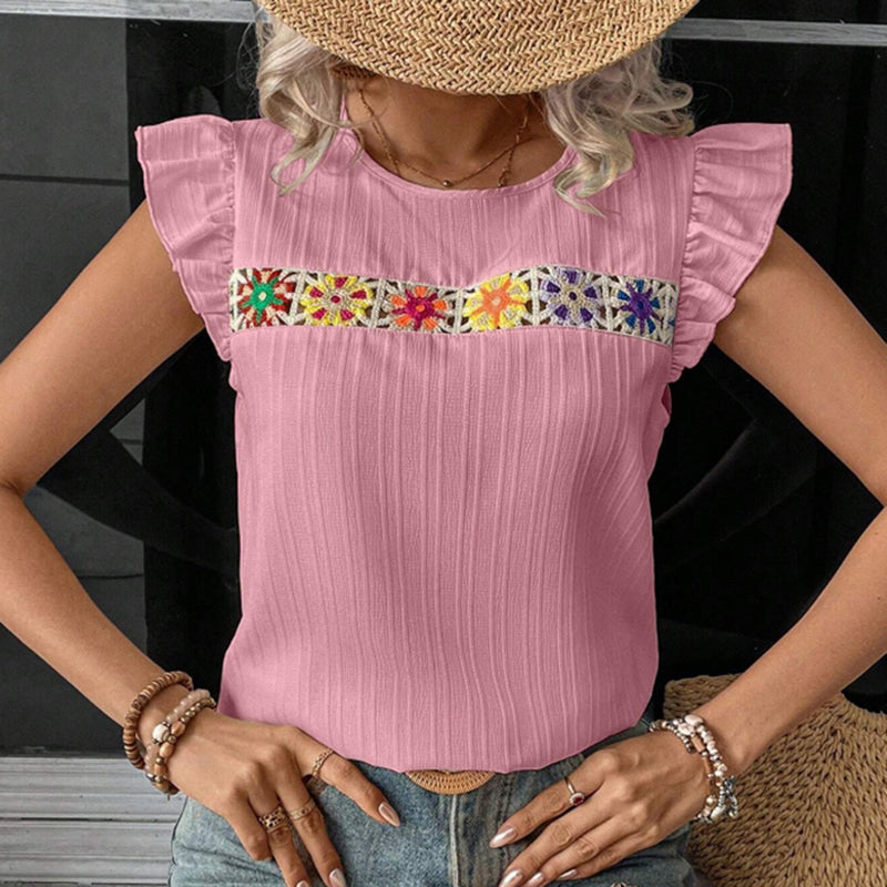 Ruffle Floral Crochet Blouse Shirt