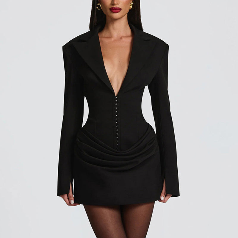 Elegant Solid Color Deep V-Neck Long Sleeve Mini Party  Dress