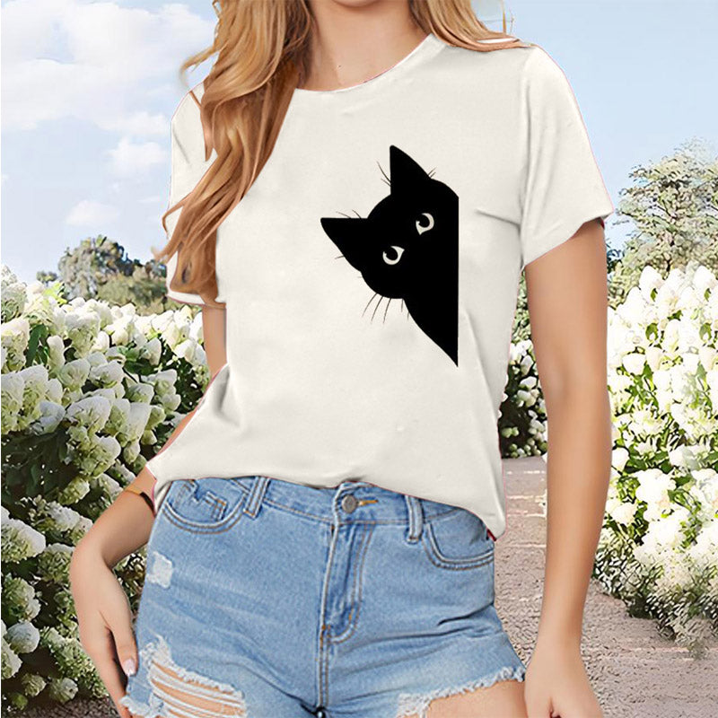 Black Cat Print Casual T-Shirt