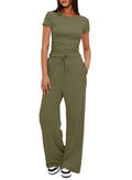 Premium High-Quality 2-Piece Yoga Set: Short Sleeve Top & Wide-Leg Pants