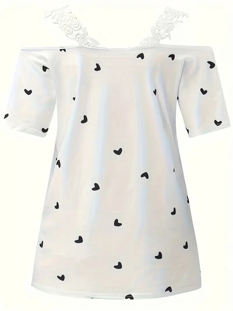 New Summer Short-sleeved Lace Heart Print Top