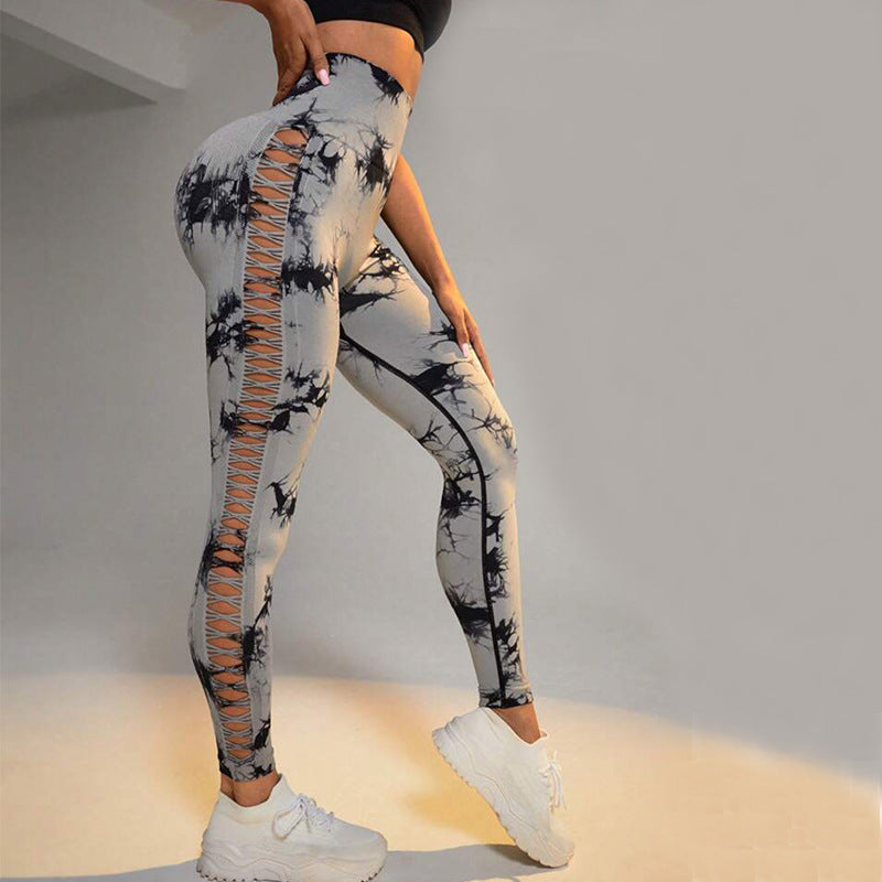 Hollow Tie Dye Printed High Waist Butt Lift Seamless Leggings