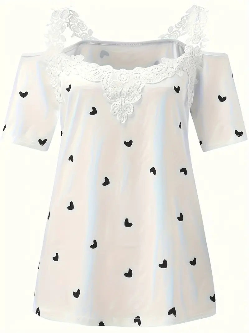 New Summer Short-sleeved Lace Heart Print Top