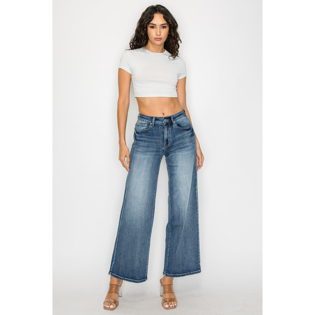Dark Blue High-Waisted Flare Wide-Leg Pants