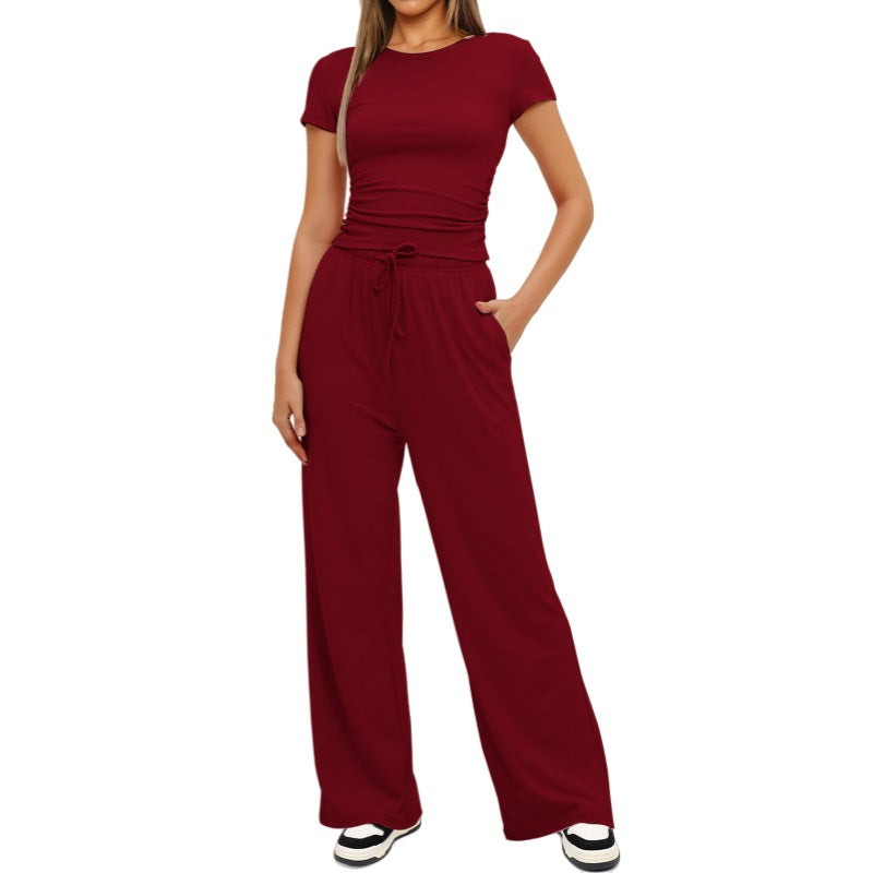 Premium High-Quality 2-Piece Yoga Set: Short Sleeve Top & Wide-Leg Pants