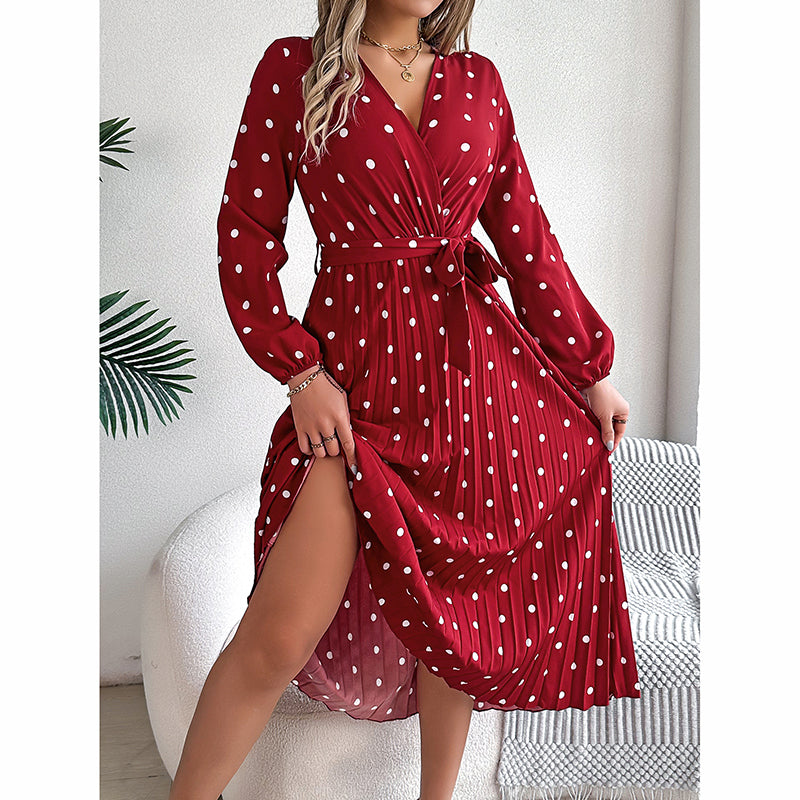 Polka Dot Maxi Dress - V-Neck Long Sleeve