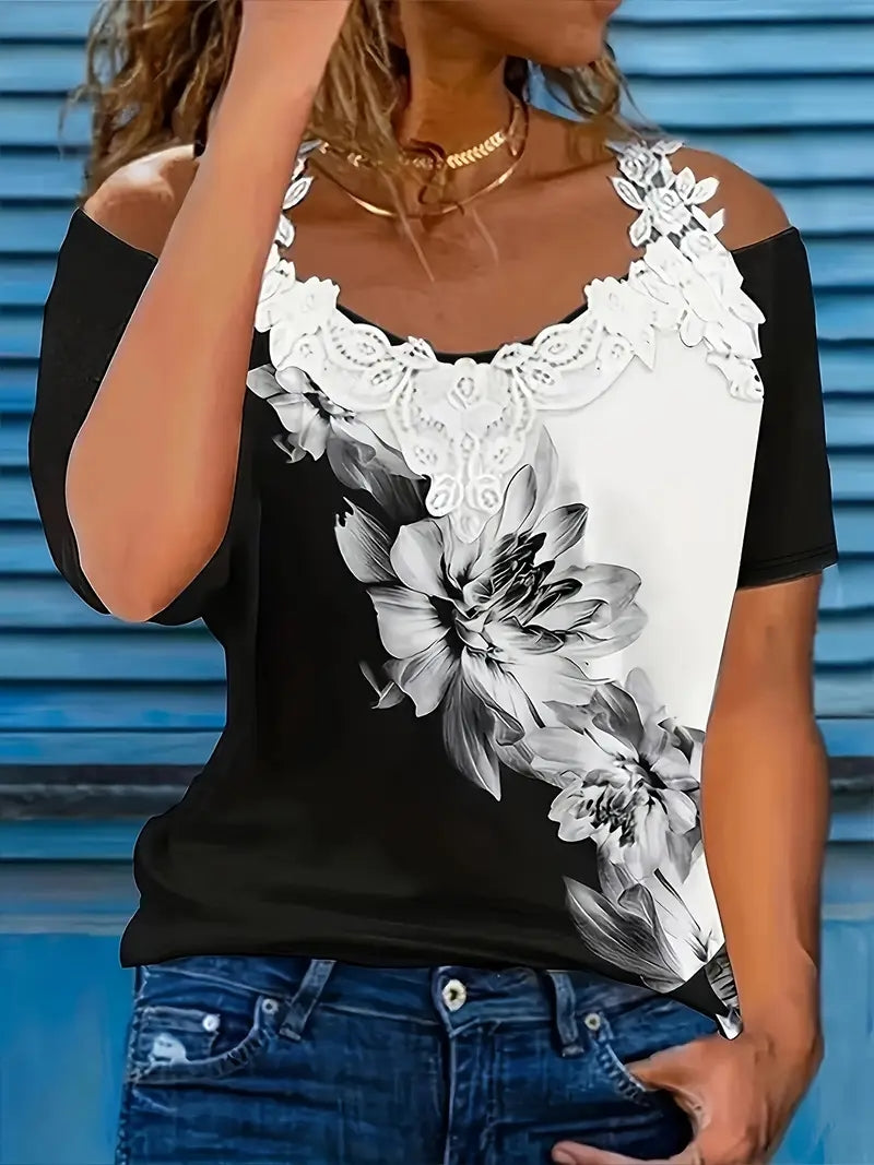 Casual Floral Print V-neck T-shirt