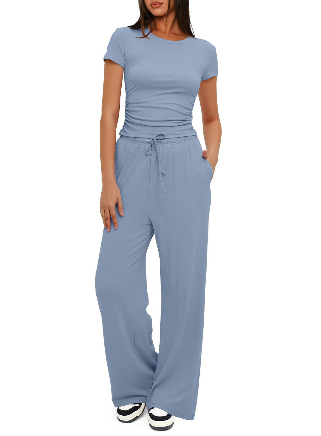 Premium High-Quality 2-Piece Yoga Set: Short Sleeve Top & Wide-Leg Pants