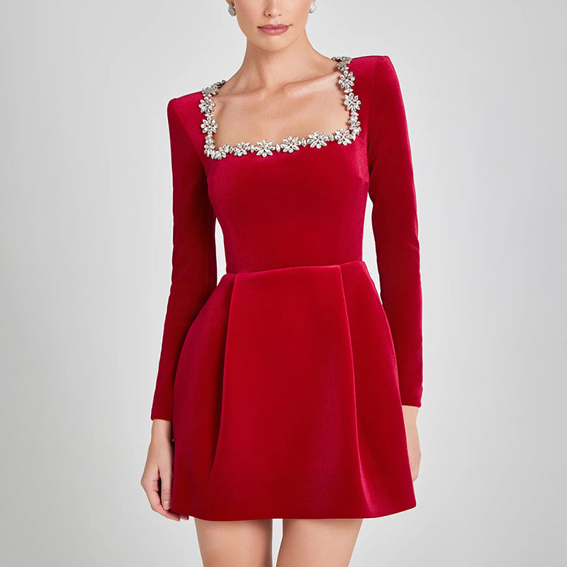 Rhinestone Square Neck Velvet Mini Dress