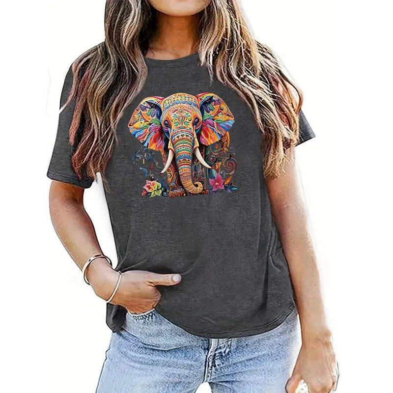 Colorful Elephant Print Casual T-Shirt