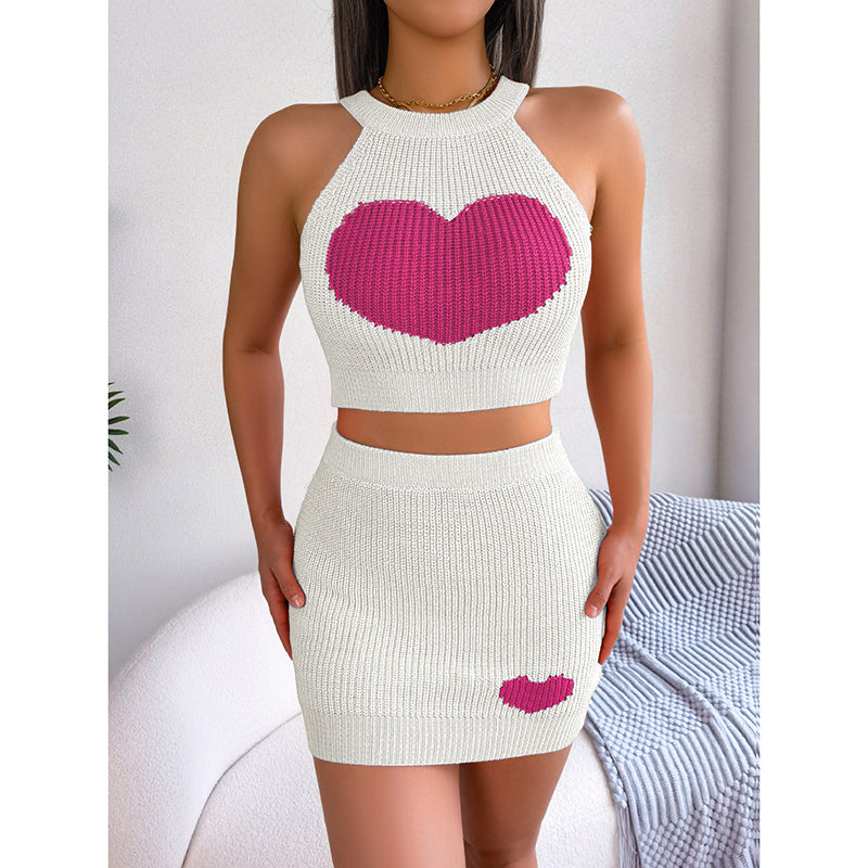 Heart Knit Outfits Backless Halter Crop Tops & Mini Bodycon Skirt