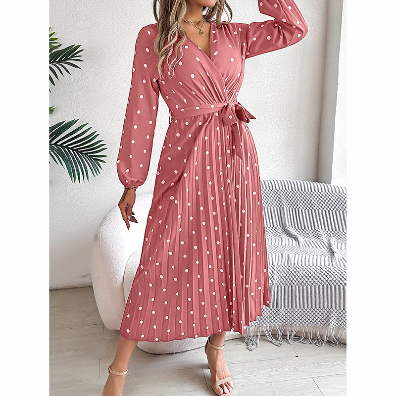 Polka Dot Maxi Dress - V-Neck Long Sleeve