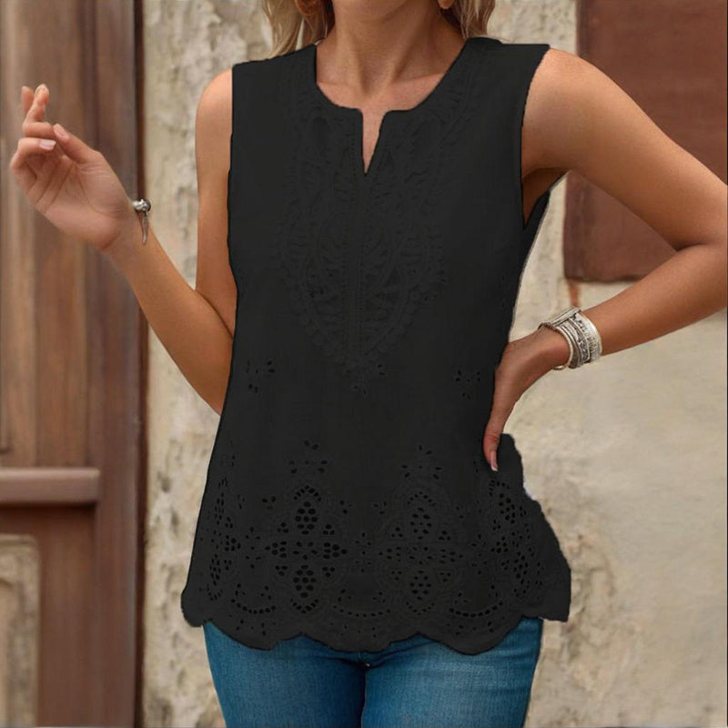 Embroidered Eyelet Tops Notched Blouses