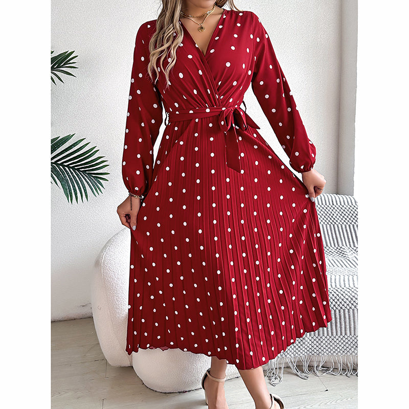 Polka Dot Maxi Dress - V-Neck Long Sleeve