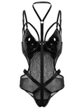 Mesh Faux Leather PU Hollow Halter One Piece Lingerie