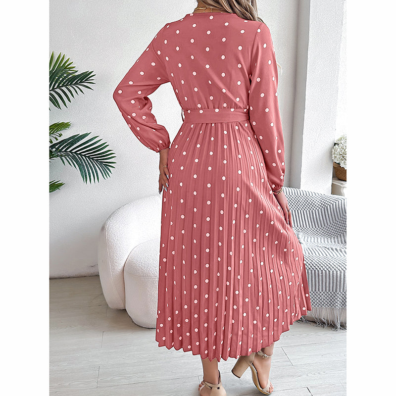 Polka Dot Maxi Dress - V-Neck Long Sleeve
