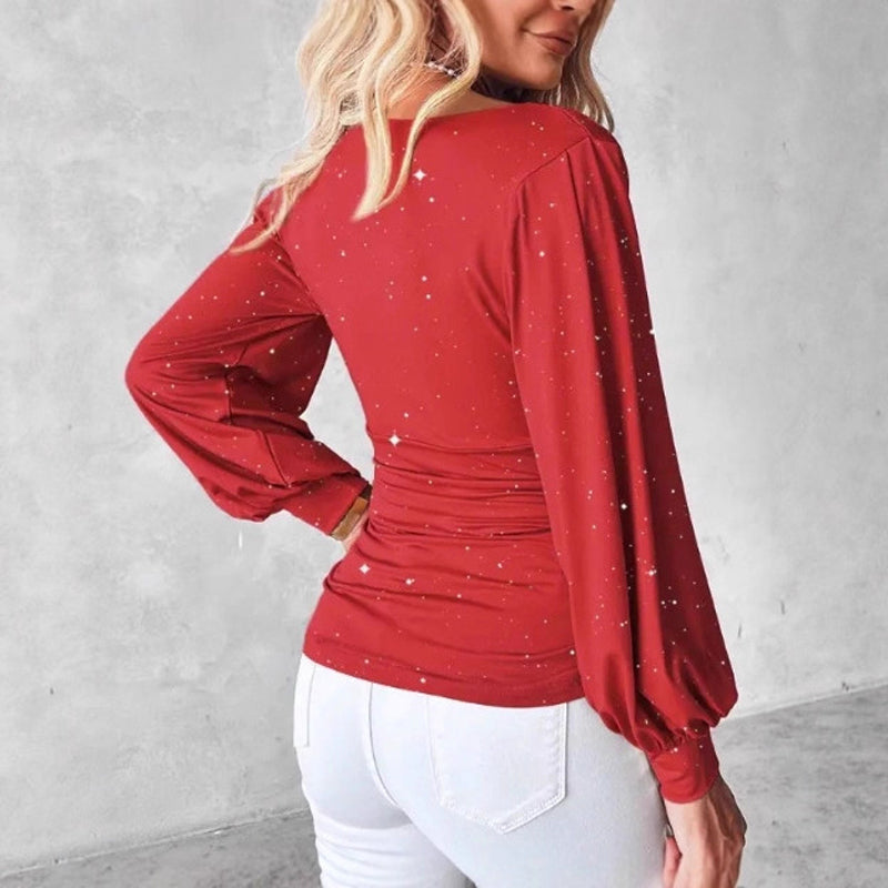 Elegant Cowl Neck T-Shirt With Star Sequin & Ruffle Detail