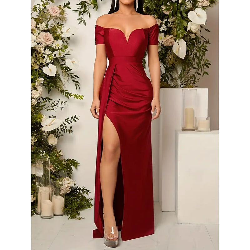 Short Sleeve High Slit Formal Evening Dress