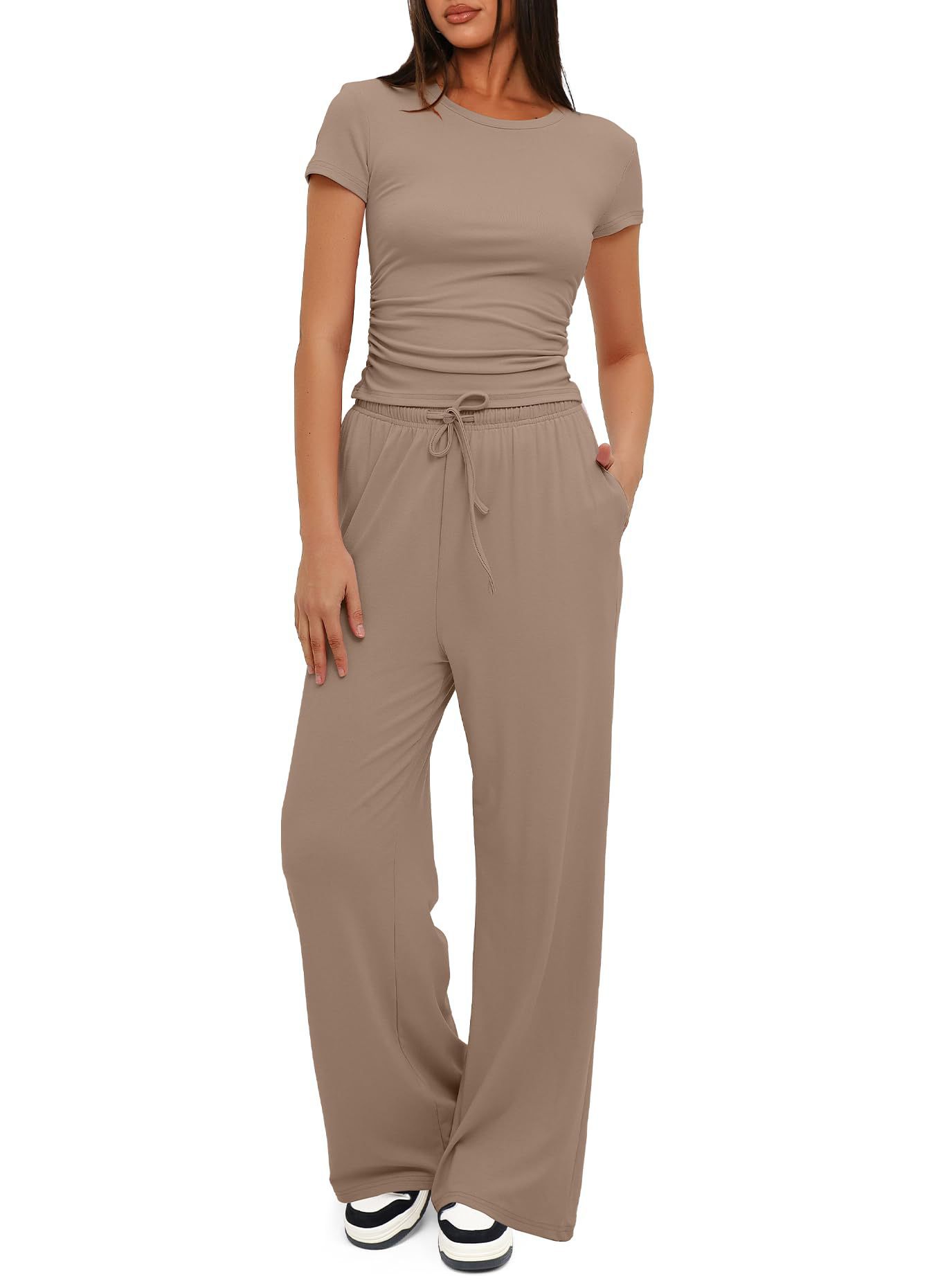 Premium High-Quality 2-Piece Yoga Set: Short Sleeve Top & Wide-Leg Pants