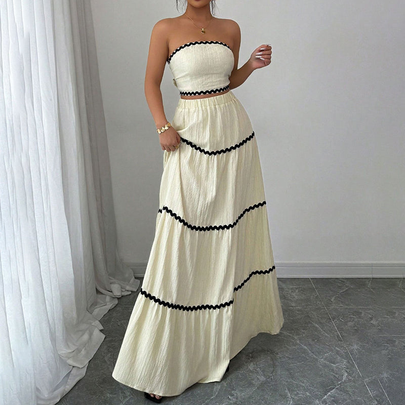 2-Piece Set Strapless Tube Top & Flared Ruffle Skirt