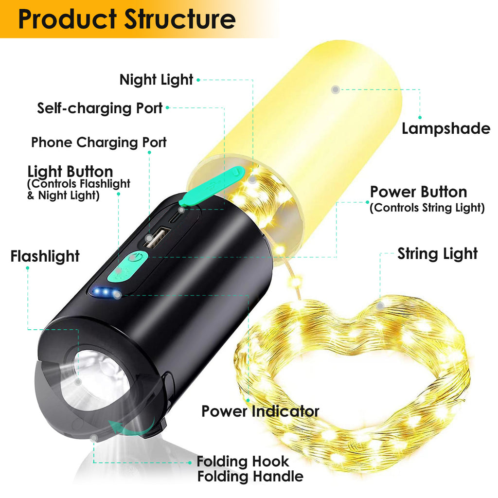 1Pc 4 In 1 Rechargeable Camping String Light IP44 Waterproof Carry Bag For Indoor & Outdoor