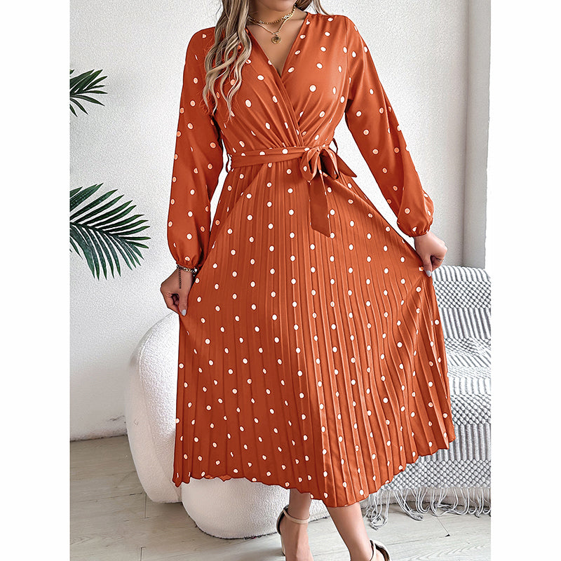 Polka Dot Maxi Dress - V-Neck Long Sleeve