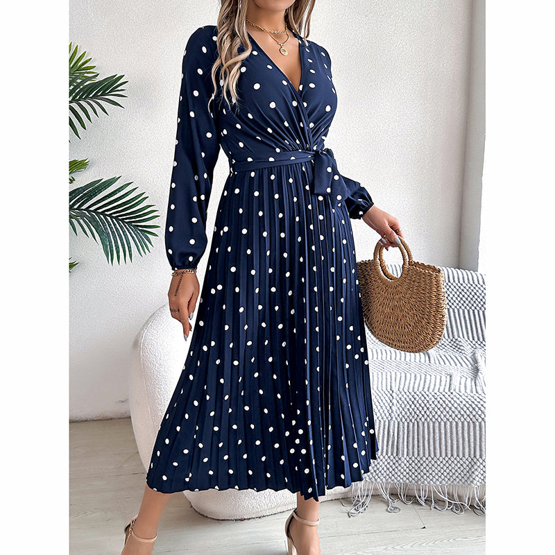 Polka Dot Maxi Dress - V-Neck Long Sleeve