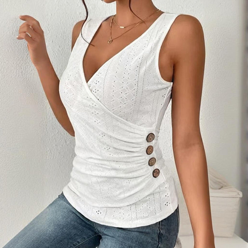 Ruched Tank Top Slim Fit Button Detail