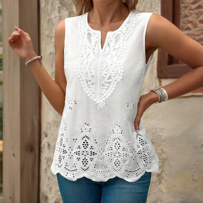 Embroidered Eyelet Tops Notched Blouses